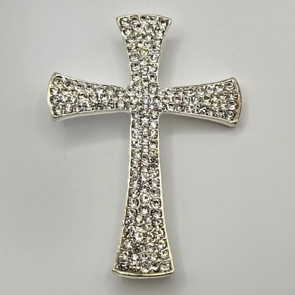 Rhinestone Cross Brooch Clear Stones on Silver Tone Metal